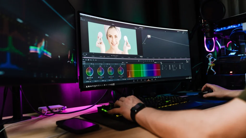 Video editor working on post production at computer workstation